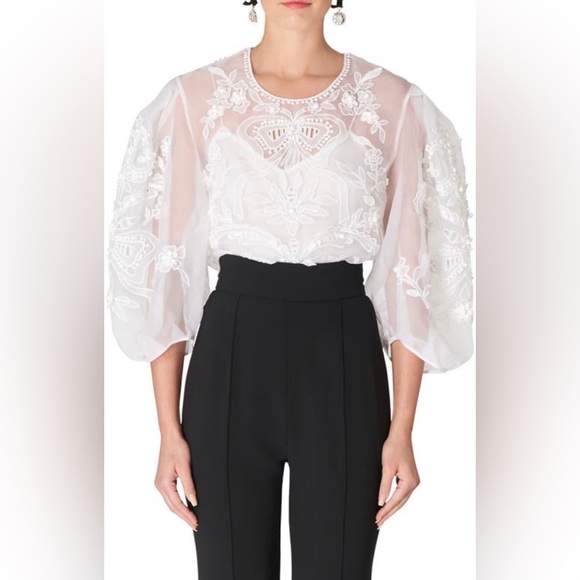 Carolina Herrera Tops - NWT $1890 Carolina Herrera Embroidered Puff Sleeve Silk Organza Blouse, White, 4